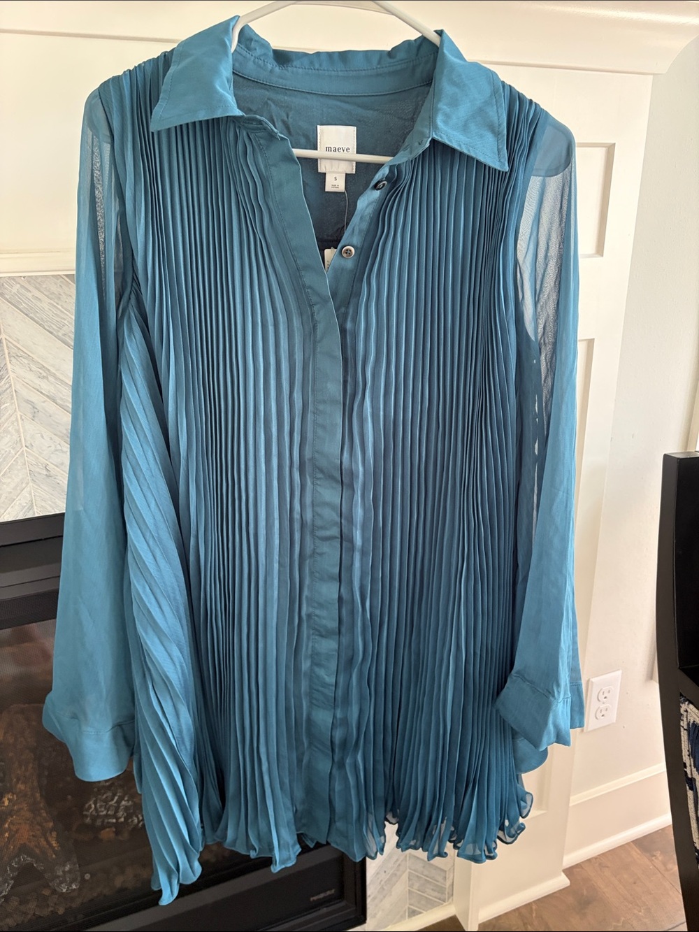 Anthropologie | Maeve Long-Sleeve Pleated Mini Shirt Dress Green Teal S NWT - Picture 2 of 7